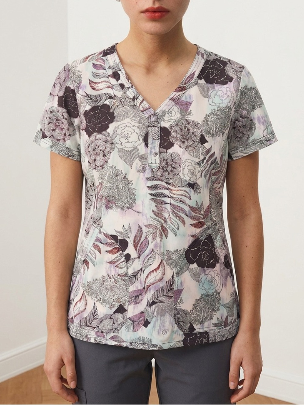 Floral V-Neck Short Sleeve Top in Lavender and Gray Cotton Scrub
